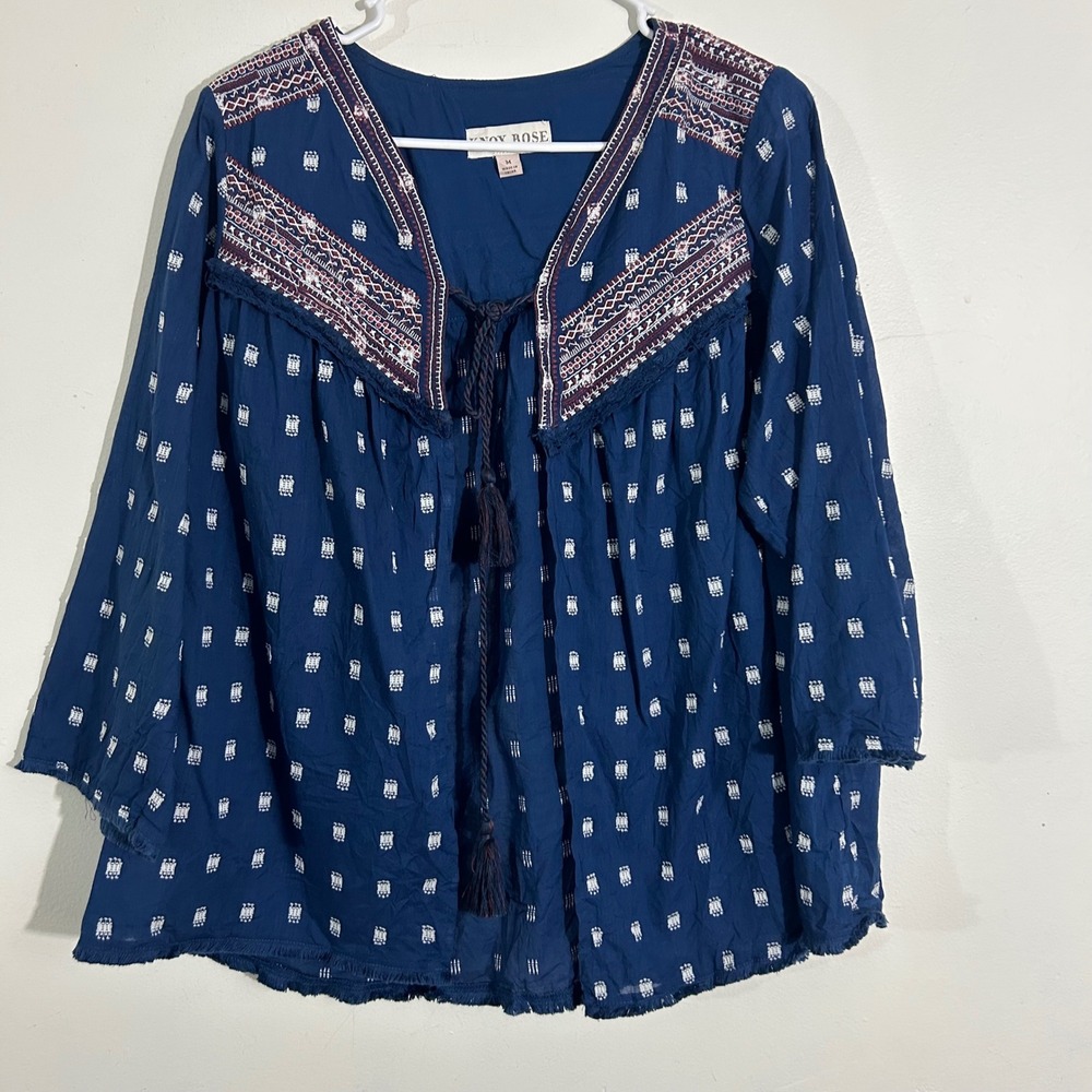 Knox Rose Womens Bohemian Embroidered Tassel Blue Blouse Top - M
